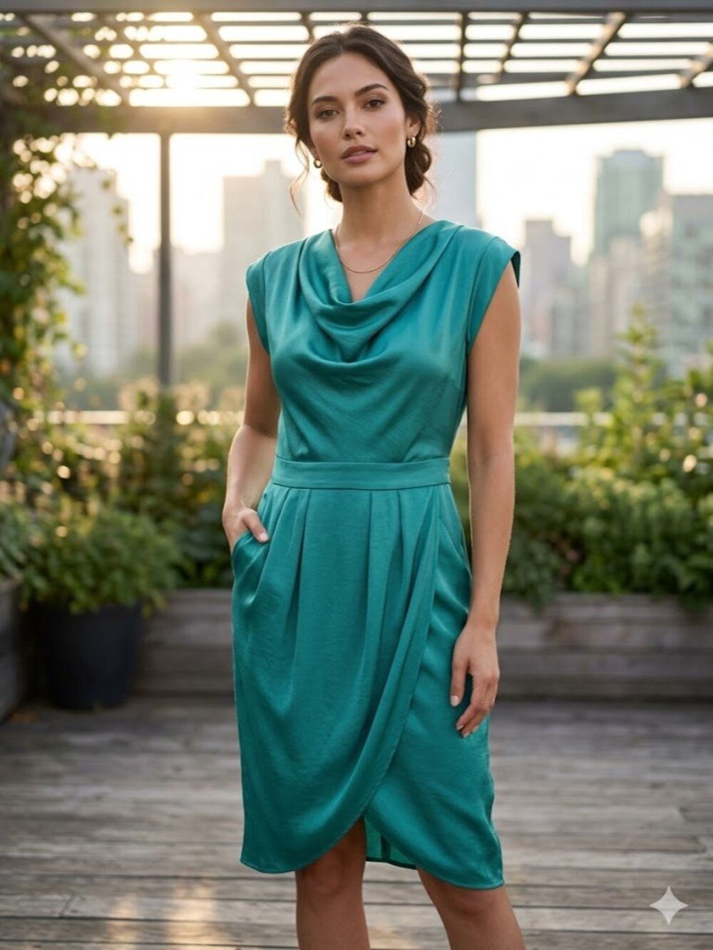 BCBGMaxAzria Teal Draped Cowl Midi Dress